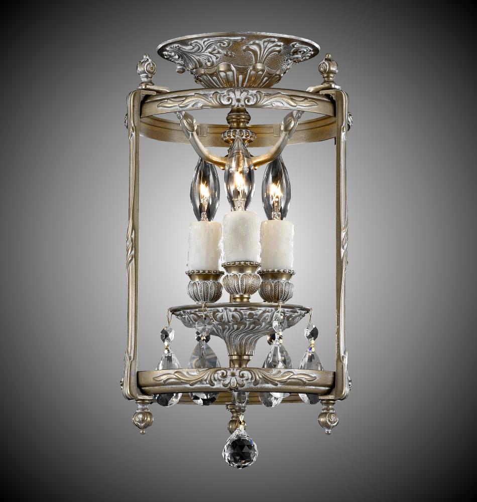 3 Light 8 inch Semi-Flush Lantern with Clear Curved glass & Crystal