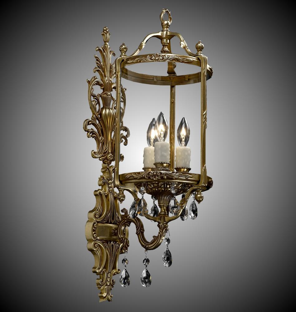 3 Light 8 inch Lantern Wall Sconce with Clear Curved glass & Crystal