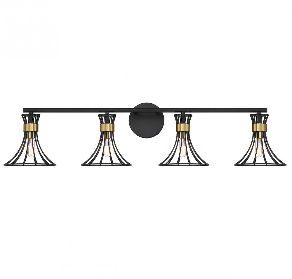 Breur 4-Light Bathroom Vanity Light in Matte Black with Warm Brass Accents