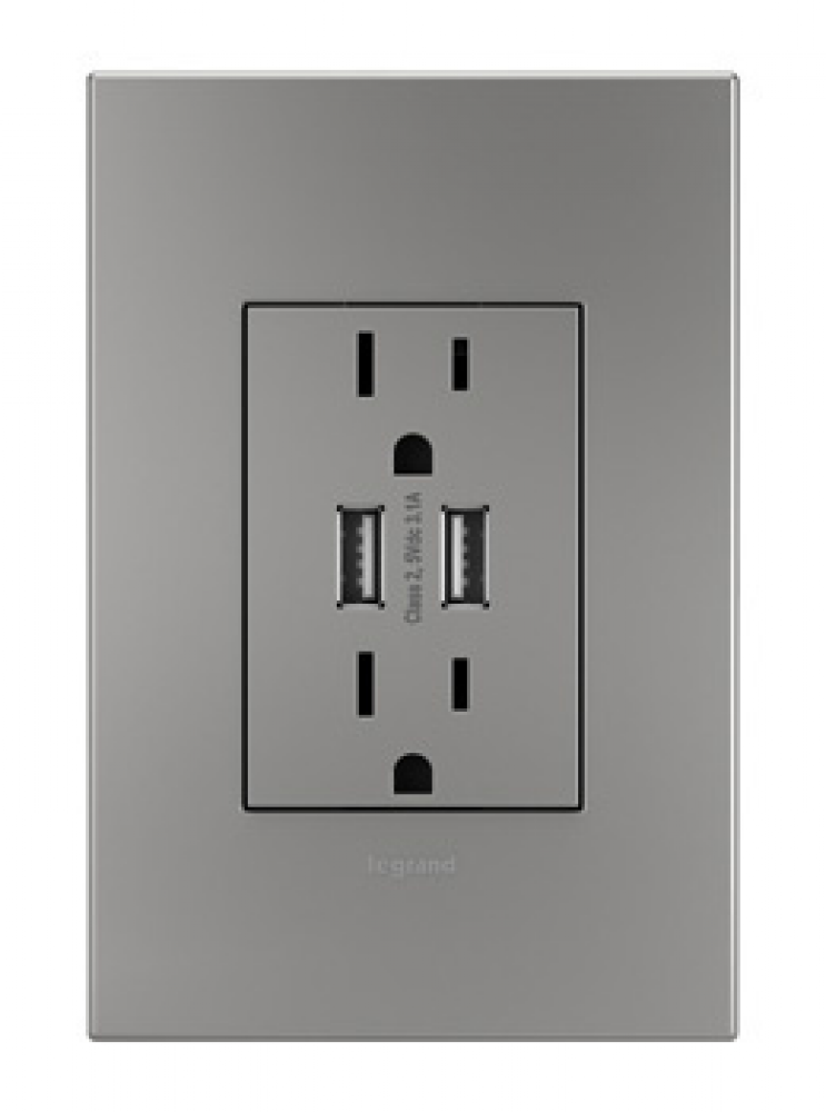 Adorne® Dual-USB Outlet with Magnesium Wall Plate, Magnesium