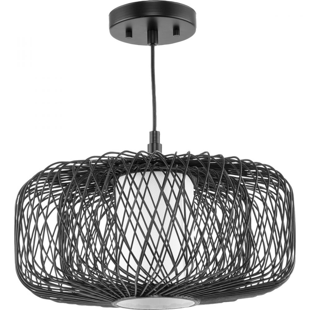 Cordova Collection Medium One-Light Black Rattan Organic Modern Pendant with White Linen