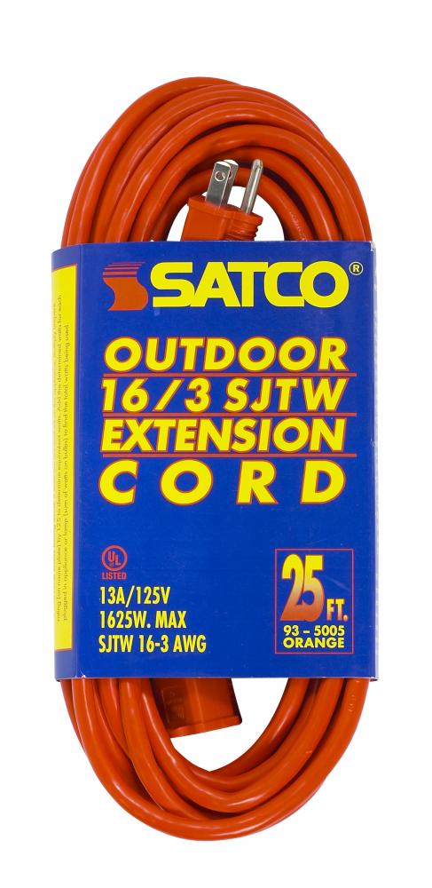 25 Foot Orange Heavy Duty Outdoor Extension Cord; 16/3 Ga. SJTW-3 Orange Cord With Sleeve; 13A-125V;