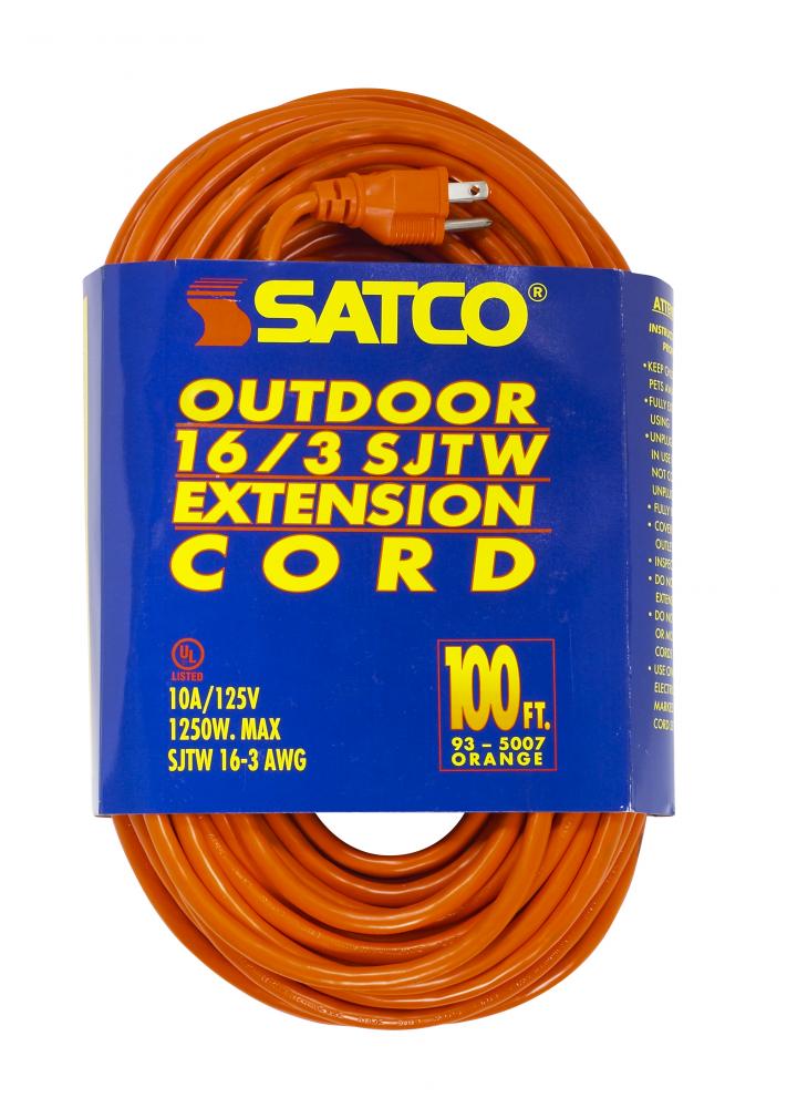 100 Foot Orange Heavy Duty Outdoor Extension Cord; 16/3 Ga. SJTW-3 Orange Cord With Sleeve;
