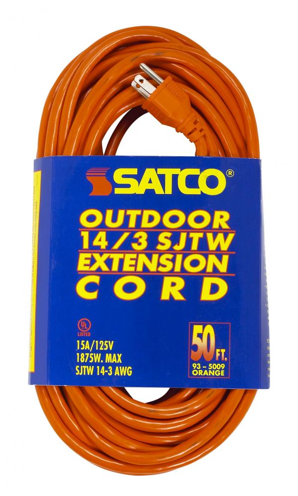50 Foot Orange Heavy Duty Outdoor Extension Cord; 14/3 Ga. SJTW-3 Orange Cord With Sleeve; 15A-125V;