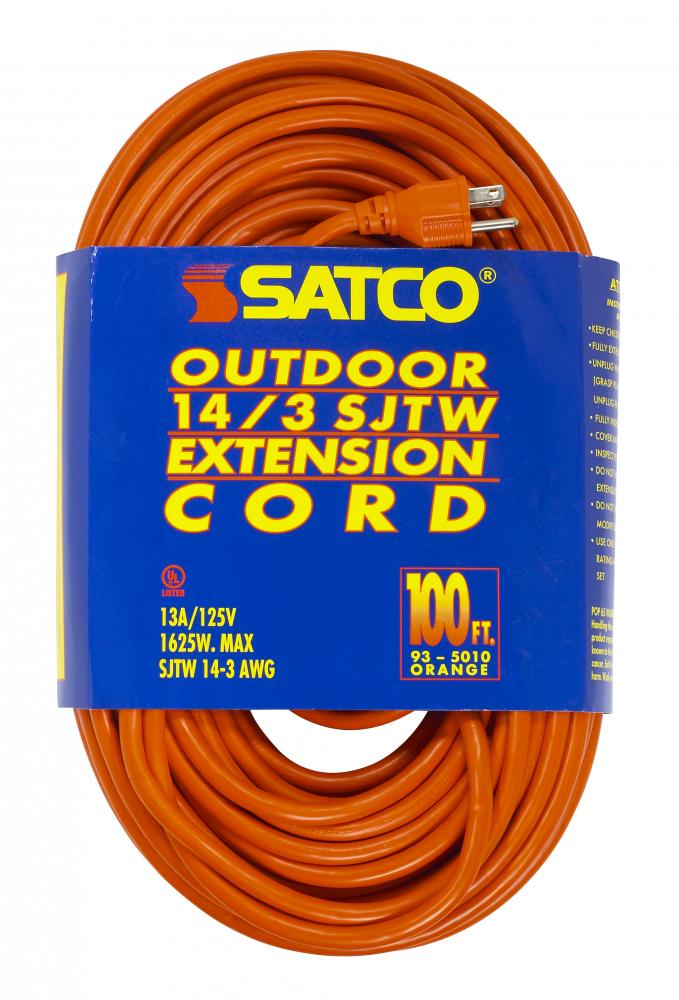 100 Foot Orange Heavy Duty Outdoor Extension Cord; 14/3 Ga. SJTW-3 Orange Cord With Sleeve;
