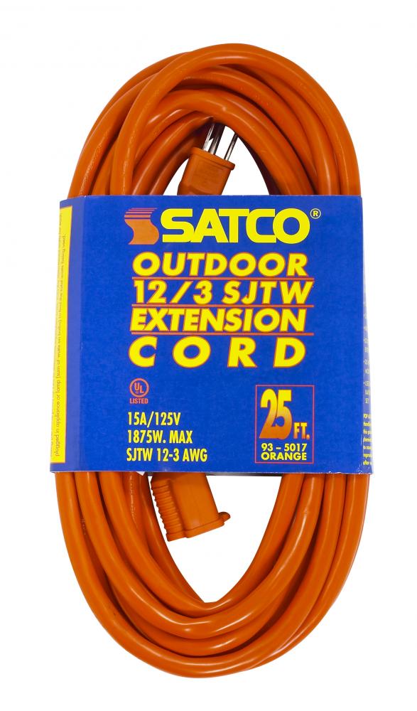 25 Foot Orange Heavy Duty Outdoor Extension Cord; 12/3 Ga. SJTW-3 Orange Cord With Sleeve; 15A-125V;
