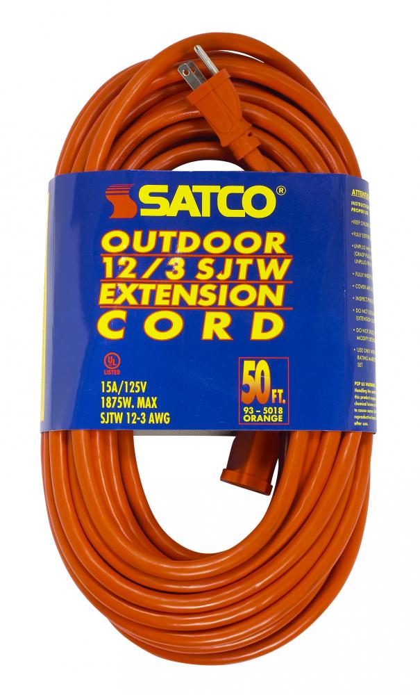 50 Foot Orange Heavy Duty Outdoor Extension Cord; 12/3 Ga. SJTW-3 Orange Cord With Sleeve; 15A-125V;