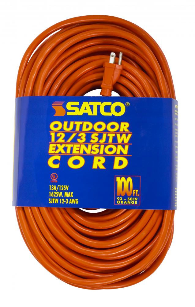 100 Foot Orange Heavy Duty Outdoor Extension Cord; 12/3 Ga. SJTW-3 Orange Cord With Sleeve;