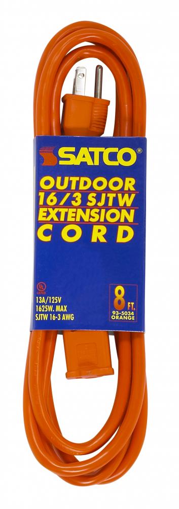 8 Foot Orange Heavy Duty Outdoor Extension Cord; 16/3 Ga. SJTW-3 Orange Cord With Sleeve; 13A-125V;