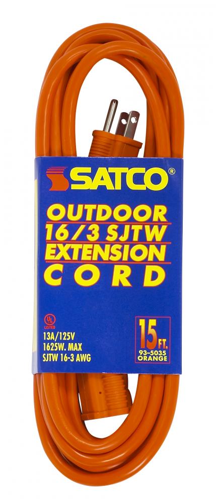 15 Foot Orange Heavy Duty Outdoor Extension Cord; 16/3 Ga. SJTW-3 Orange Cord With Sleeve; 13A-125V;