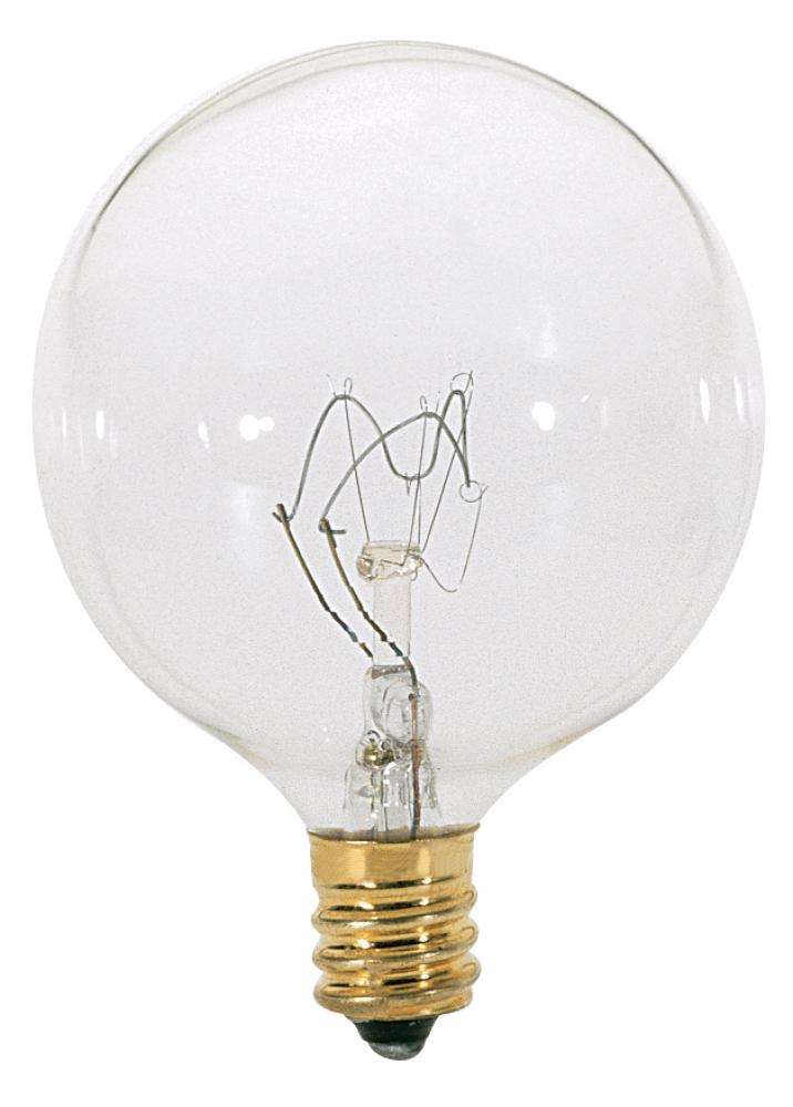40 Watt G16 1/2 Incandescent; Clear; 1500 Average rated hours; 384 Lumens; Candelabra base; 120 Volt