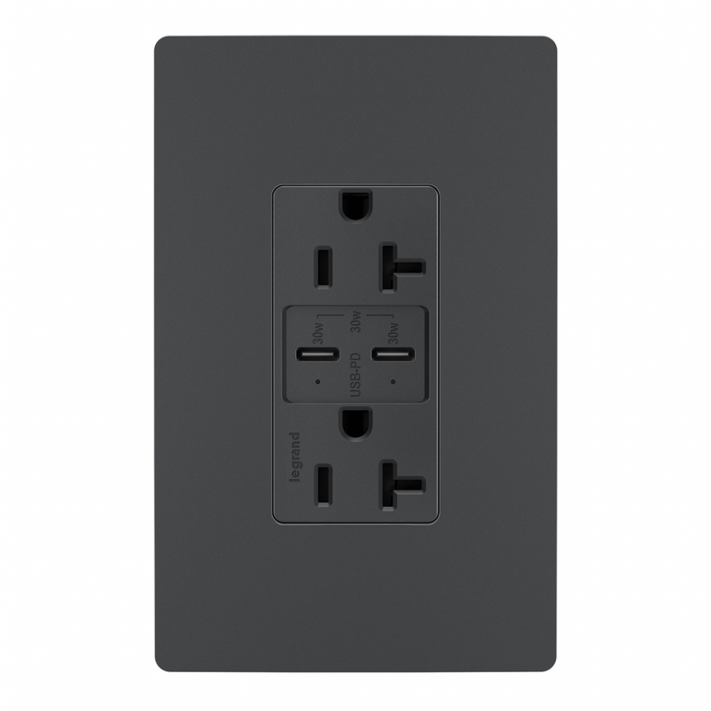 radiant® 20A Tamper Resistant Ultra Fast PLUS Power Delivery USB Type C/C Outlet, Graphite