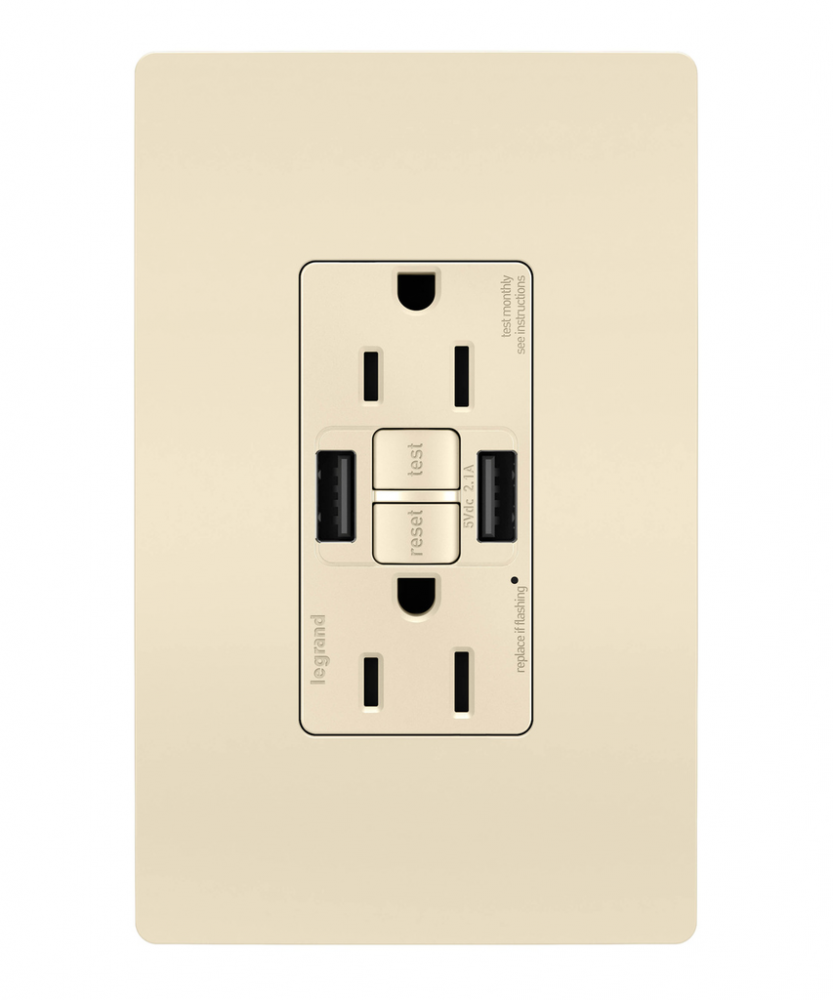 radiant Tamper-Resistant 15A Duplex Self-Test GFCI Receptacles wt SafeLock Protection, USB Type