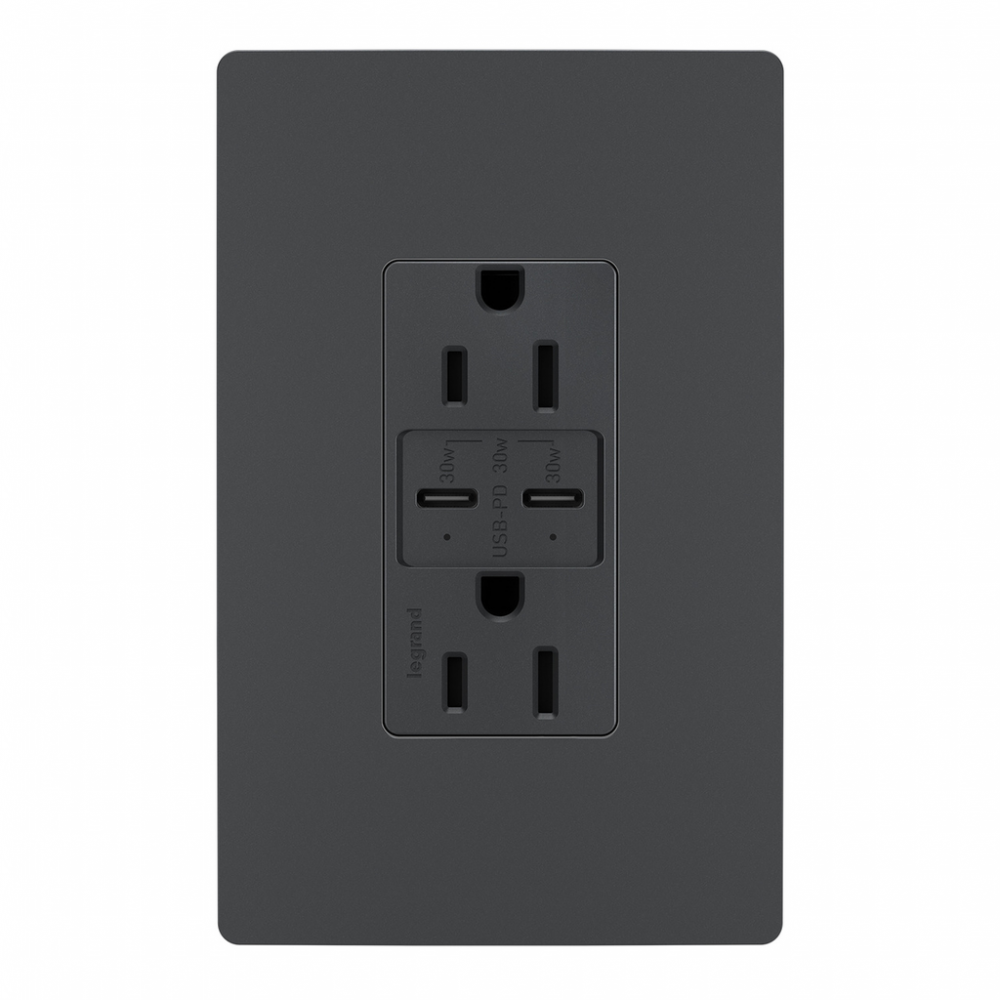 radiant? 15A Tamper Resistant Ultra Fast PLUS Power Delivery USB Type C/C Outlet, Graphite (6 pack)