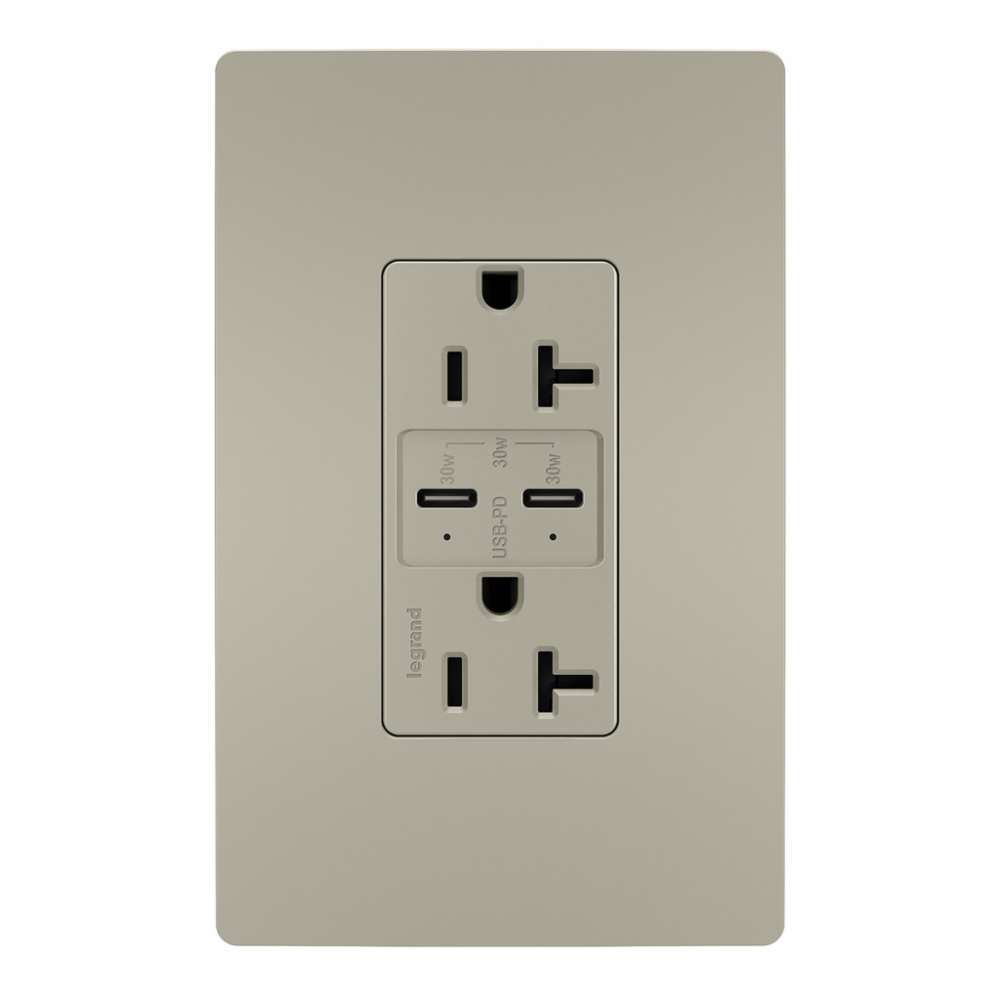 radiant® 20A Tamper Resistant Ultra Fast PLUS Power Delivery USB Type C/C Outlet, Nickel