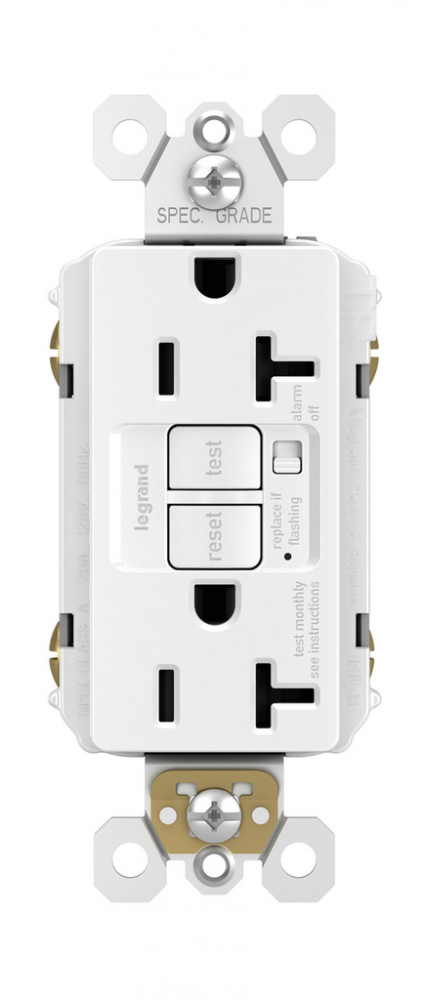 Specification Grade Tamper-Resistant 20A Duplex Self-Test GFCI Receptacle with Audible Alarm, White