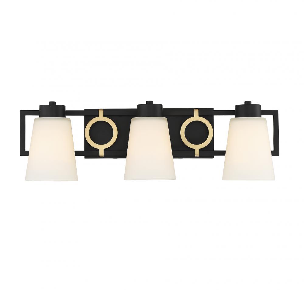 Russo 3-Light Bathroom Vanity Light in Matte Black with Warm Brass Accents