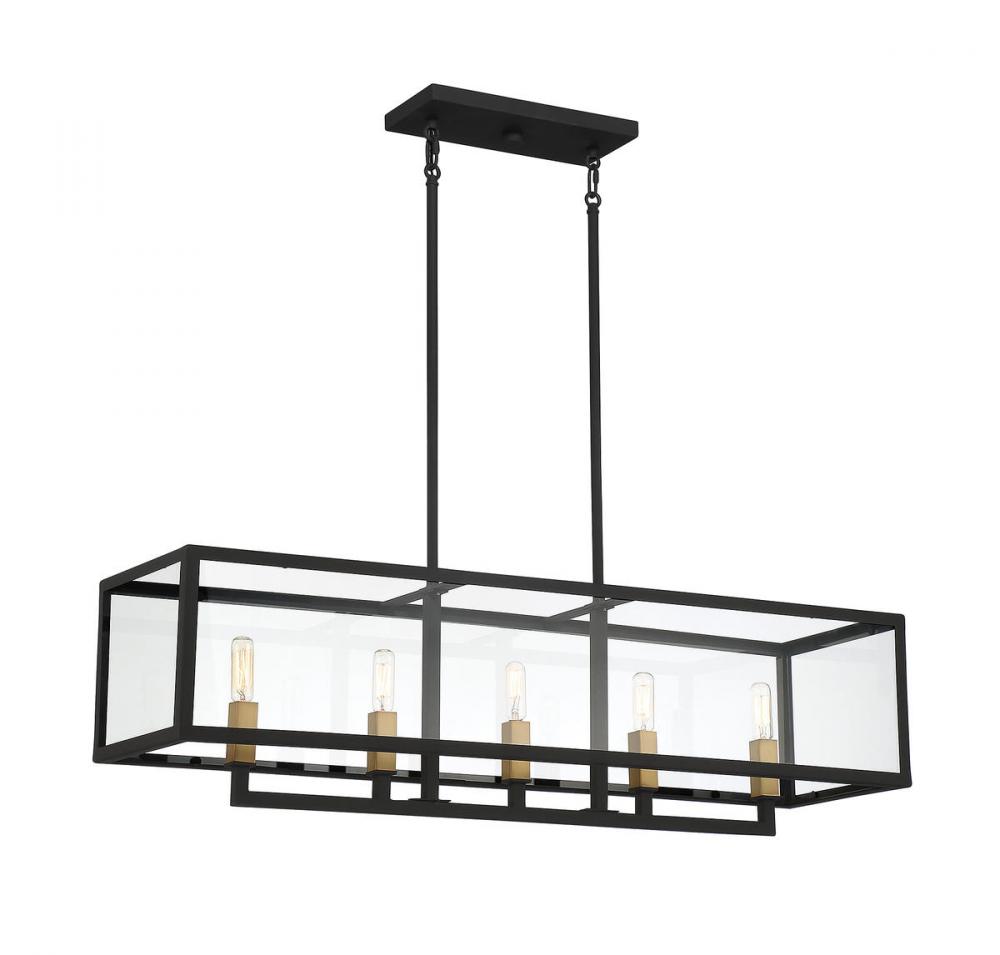 5 Light Textured Black W/ Warm Brass Accents Linear Chandelier