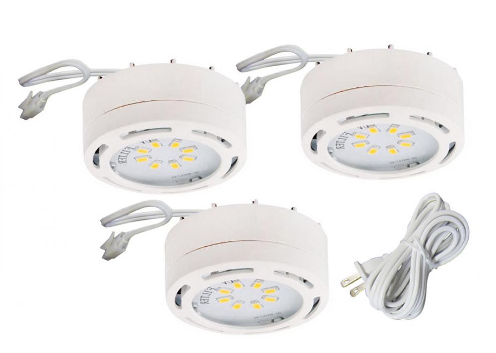 3-Light White LED Puck Kit: 3 x 8 LED, 3000K, 960 Lumens, 12W, Linkable, includes cords & hardware