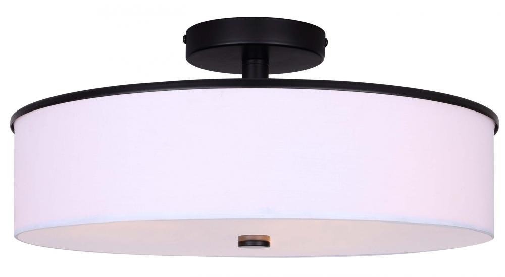 Tristan 17.75 in. 3-Light 60-Watt Modern Matte Black Semi-Flush Mount with White Fabric Shade