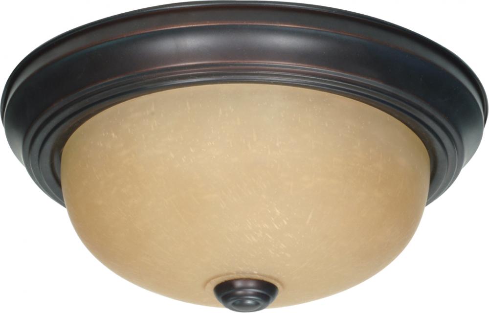 2 Light - 11" Flush with Champagne Linen Washed Glass - Mahogany Bronze Finish