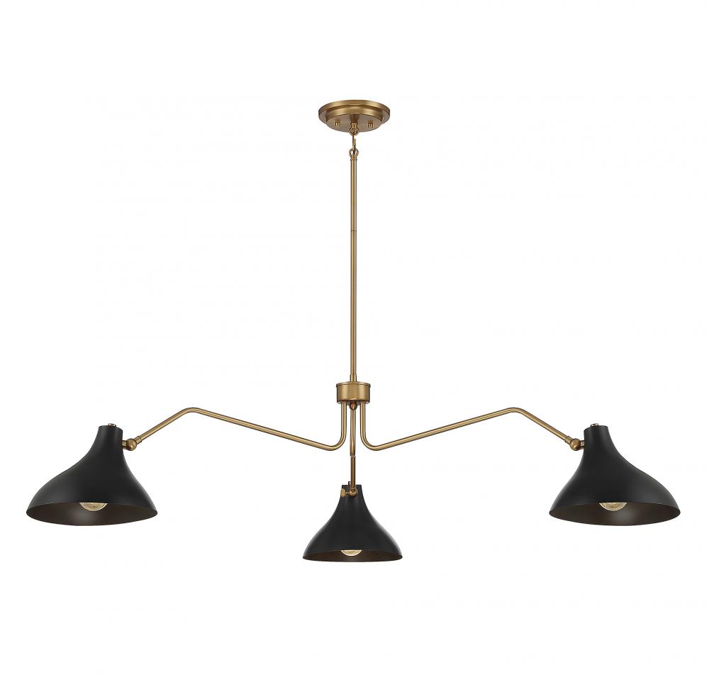 3-Light Pendant in Matte Black with Natural Brass